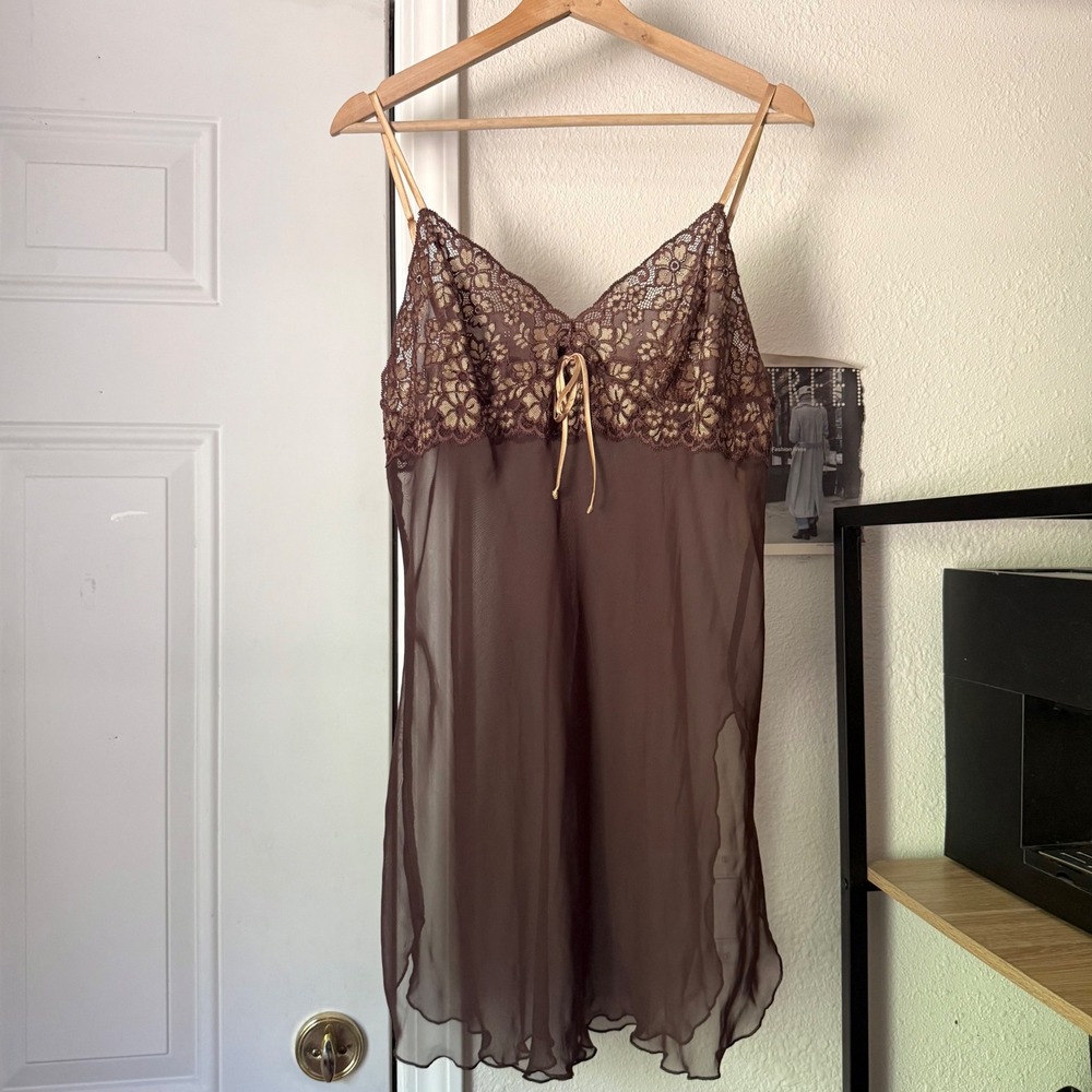 VIA NICCI y2k vintage brown pink lace sheer cami slip tunic tank top
